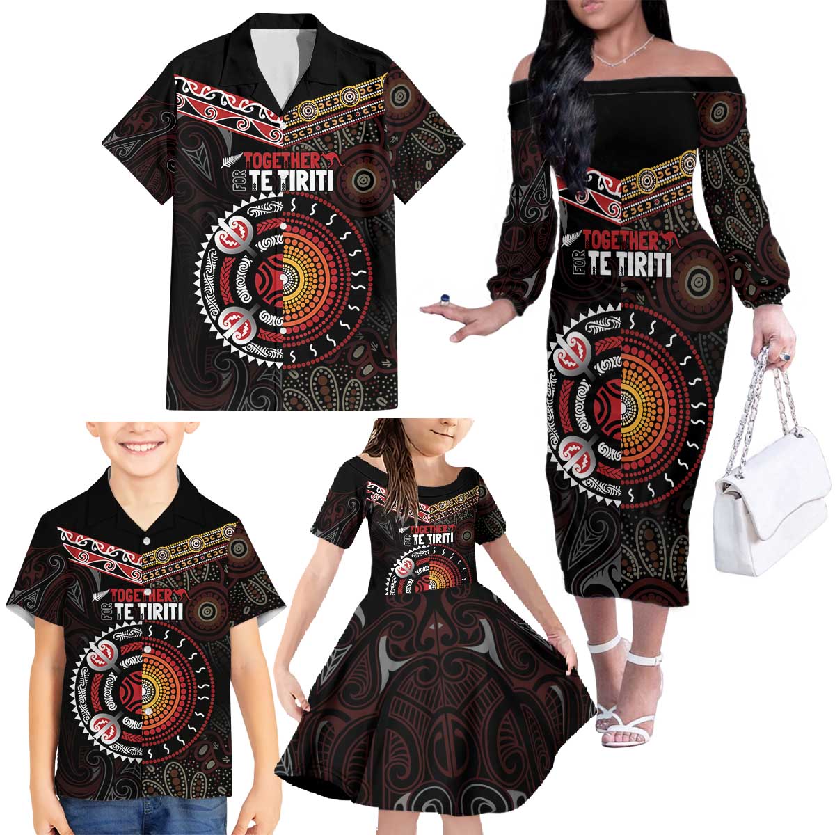Aotearoa and Australia Indigenous Family Matching Off The Shoulder Long Sleeve Dress and Hawaiian Shirt Stand Together For Te Tiriti LT7 - Polynesian Pride