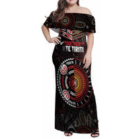 Aotearoa and Australia Indigenous Family Matching Off Shoulder Maxi Dress and Hawaiian Shirt Stand Together For Te Tiriti LT7 Mom's Dress Black - Polynesian Pride