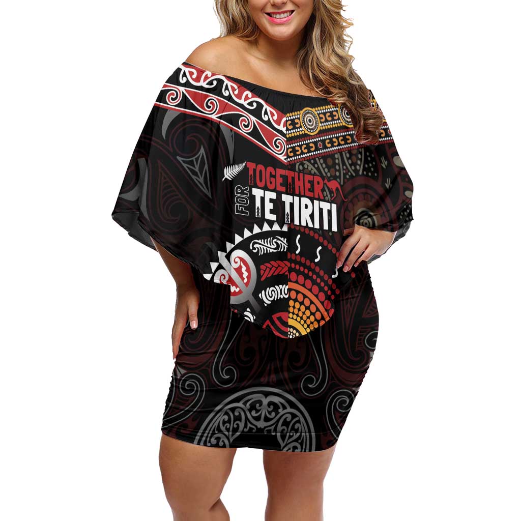 Aotearoa and Australia Indigenous Family Matching Off Shoulder Short Dress and Hawaiian Shirt Stand Together For Te Tiriti LT7 Mom's Dress Black - Polynesian Pride