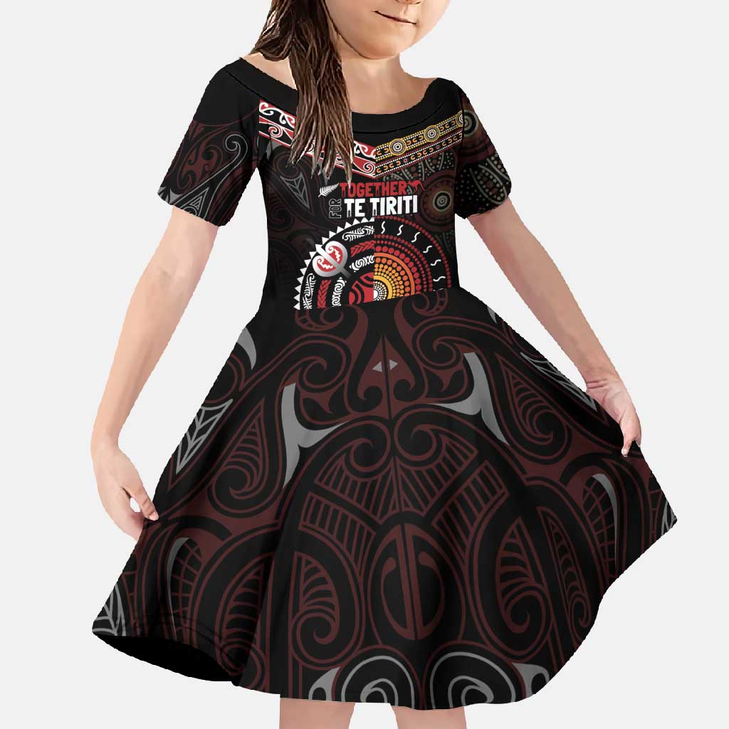 Aotearoa and Australia Indigenous Family Matching Short Sleeve Bodycon Dress and Hawaiian Shirt Stand Together For Te Tiriti LT7 Daughter's Dress Black - Polynesian Pride