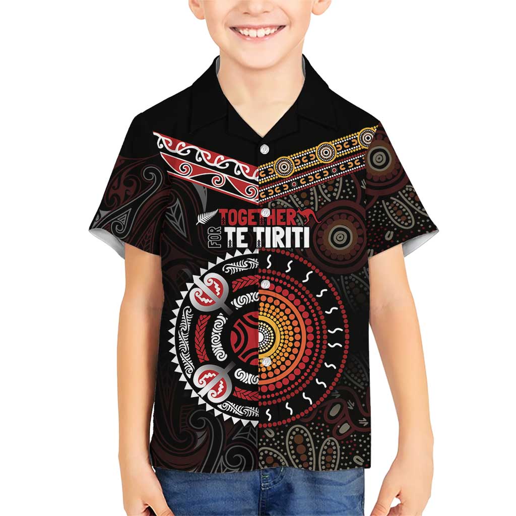 Aotearoa and Australia Indigenous Family Matching Short Sleeve Bodycon Dress and Hawaiian Shirt Stand Together For Te Tiriti LT7 Son's Shirt Black - Polynesian Pride