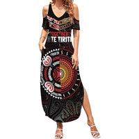 Aotearoa and Australia Indigenous Family Matching Summer Maxi Dress and Hawaiian Shirt Stand Together For Te Tiriti LT7 Mom's Dress Black - Polynesian Pride