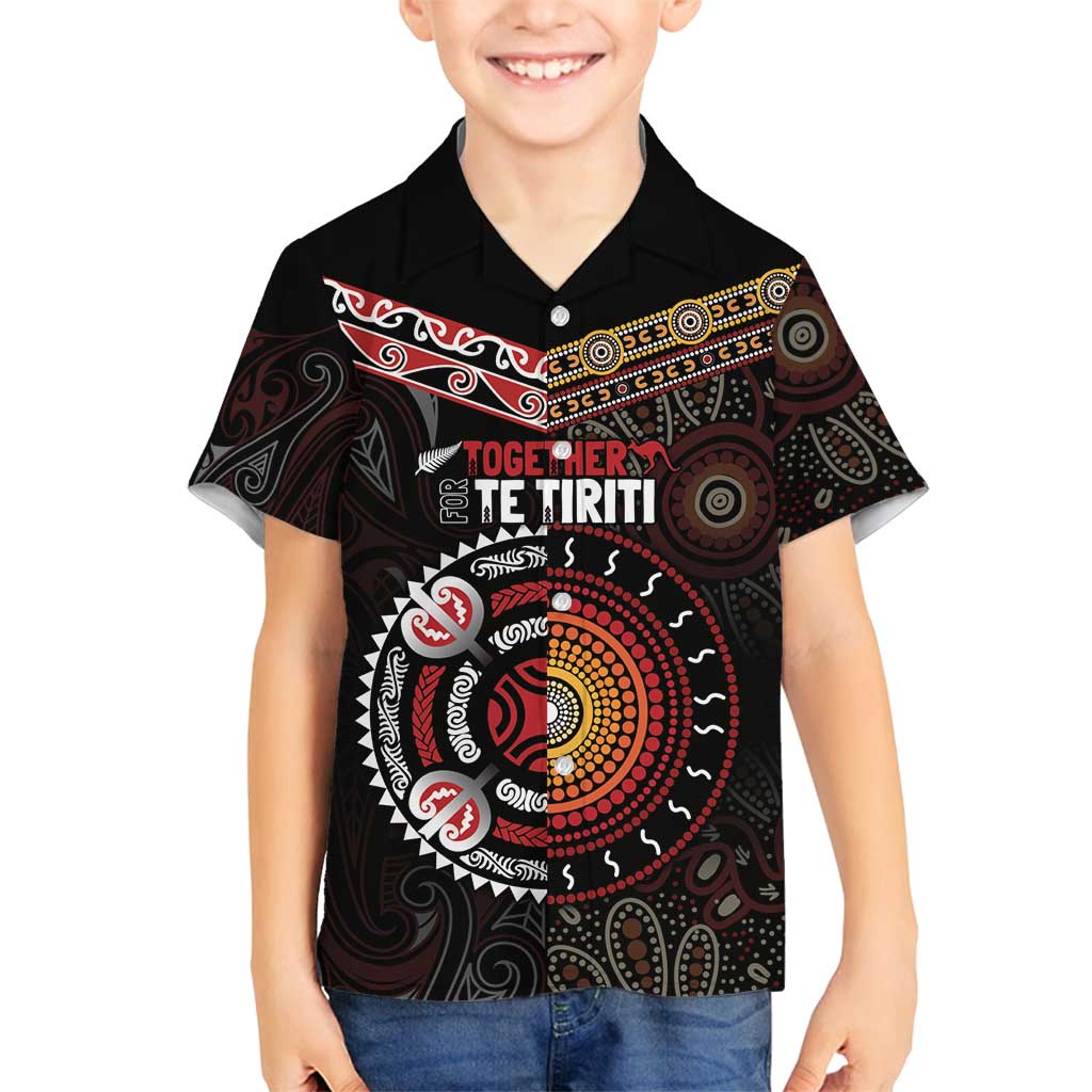 Aotearoa and Australia Indigenous Family Matching Summer Maxi Dress and Hawaiian Shirt Stand Together For Te Tiriti LT7 Son's Shirt Black - Polynesian Pride