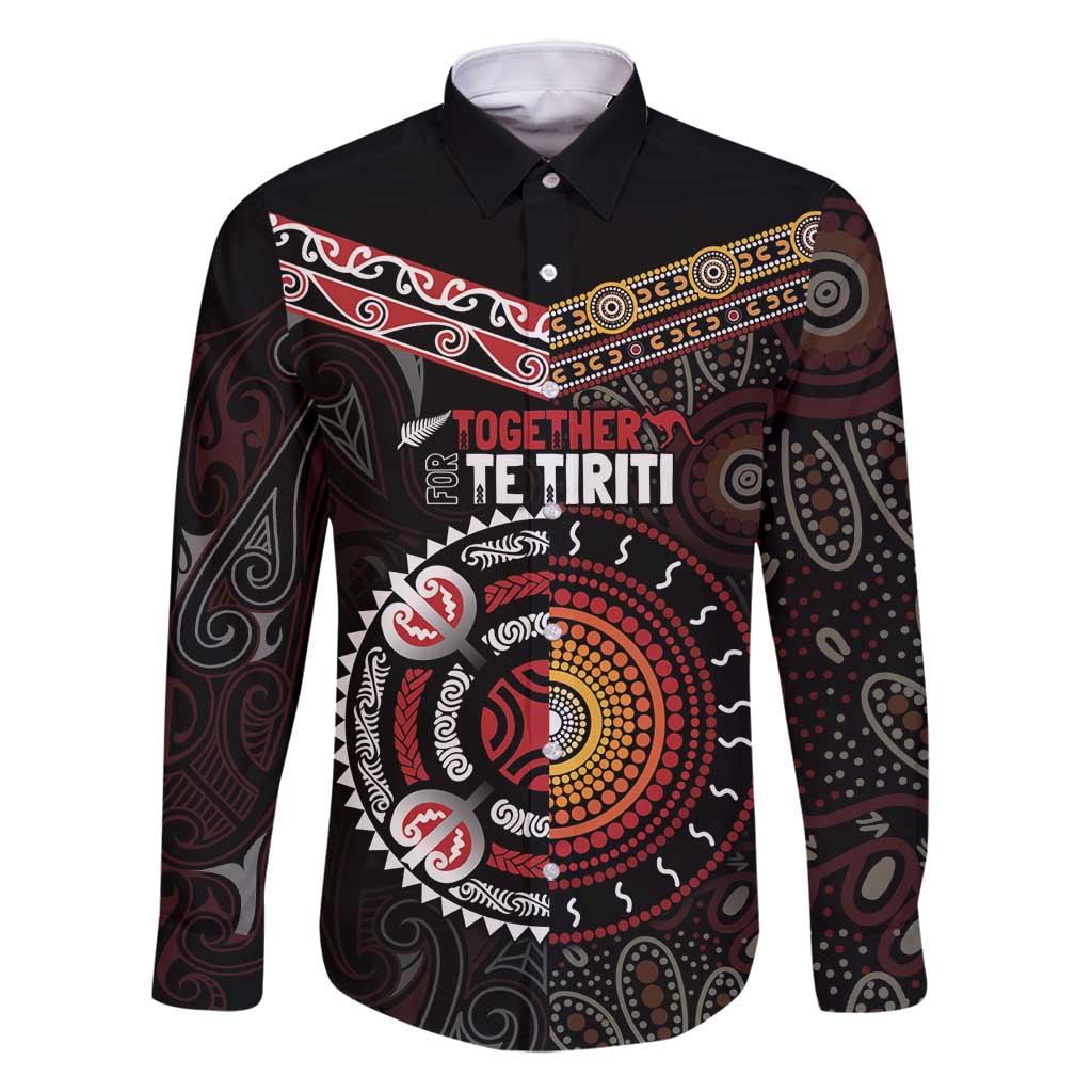 Aotearoa and Australia Indigenous Family Matching Tank Maxi Dress and Hawaiian Shirt Stand Together For Te Tiriti LT7 Dad's Shirt - Long Sleeve Black - Polynesian Pride