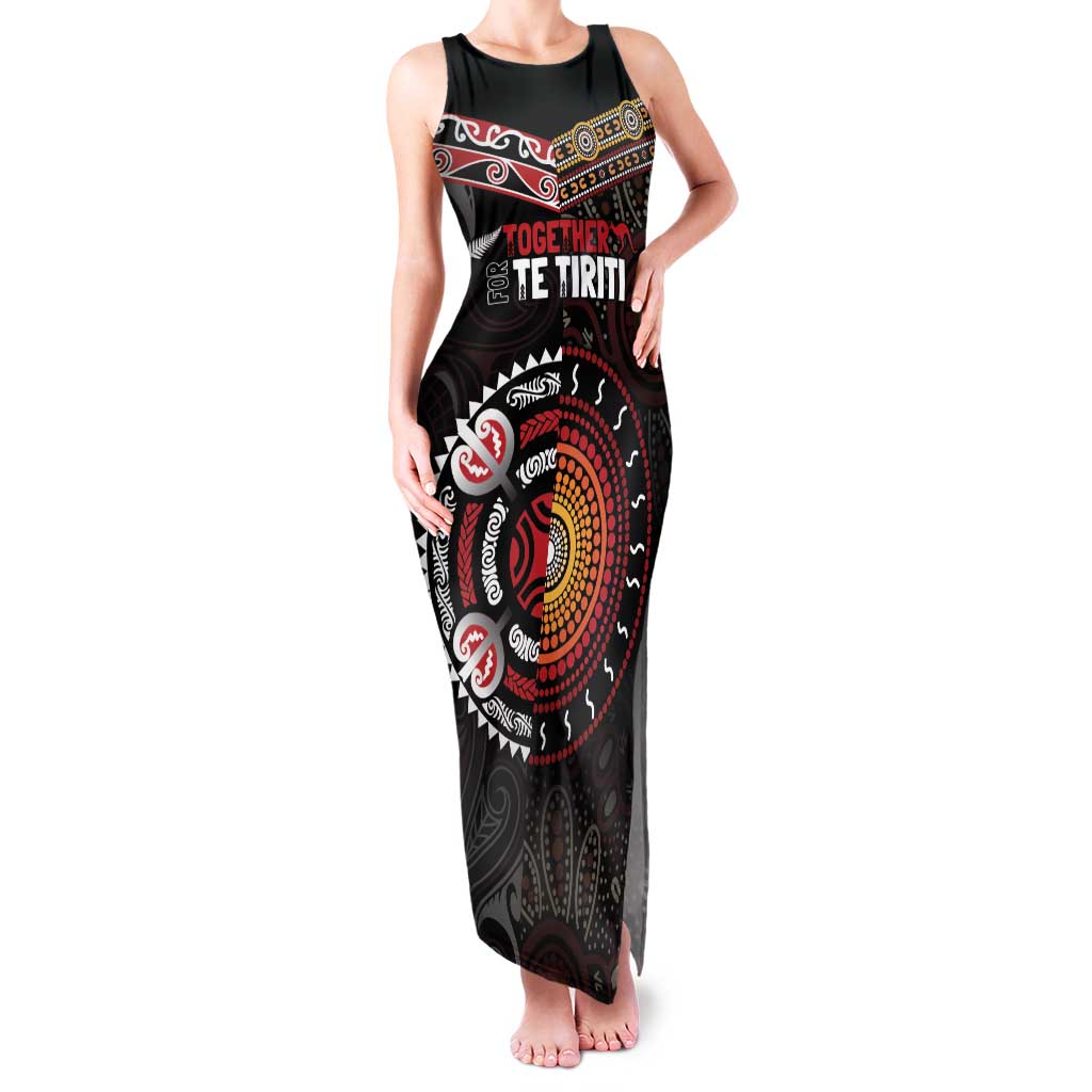 Aotearoa and Australia Indigenous Family Matching Tank Maxi Dress and Hawaiian Shirt Stand Together For Te Tiriti LT7 Mom's Dress Black - Polynesian Pride