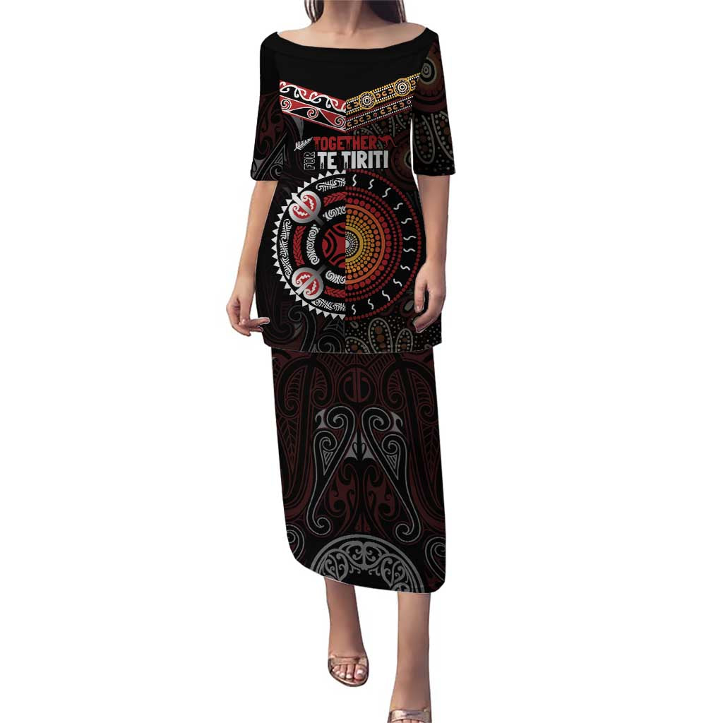 Aotearoa and Australia Indigenous Puletasi Stand Together For Te Tiriti LT7 Long Dress Black - Polynesian Pride