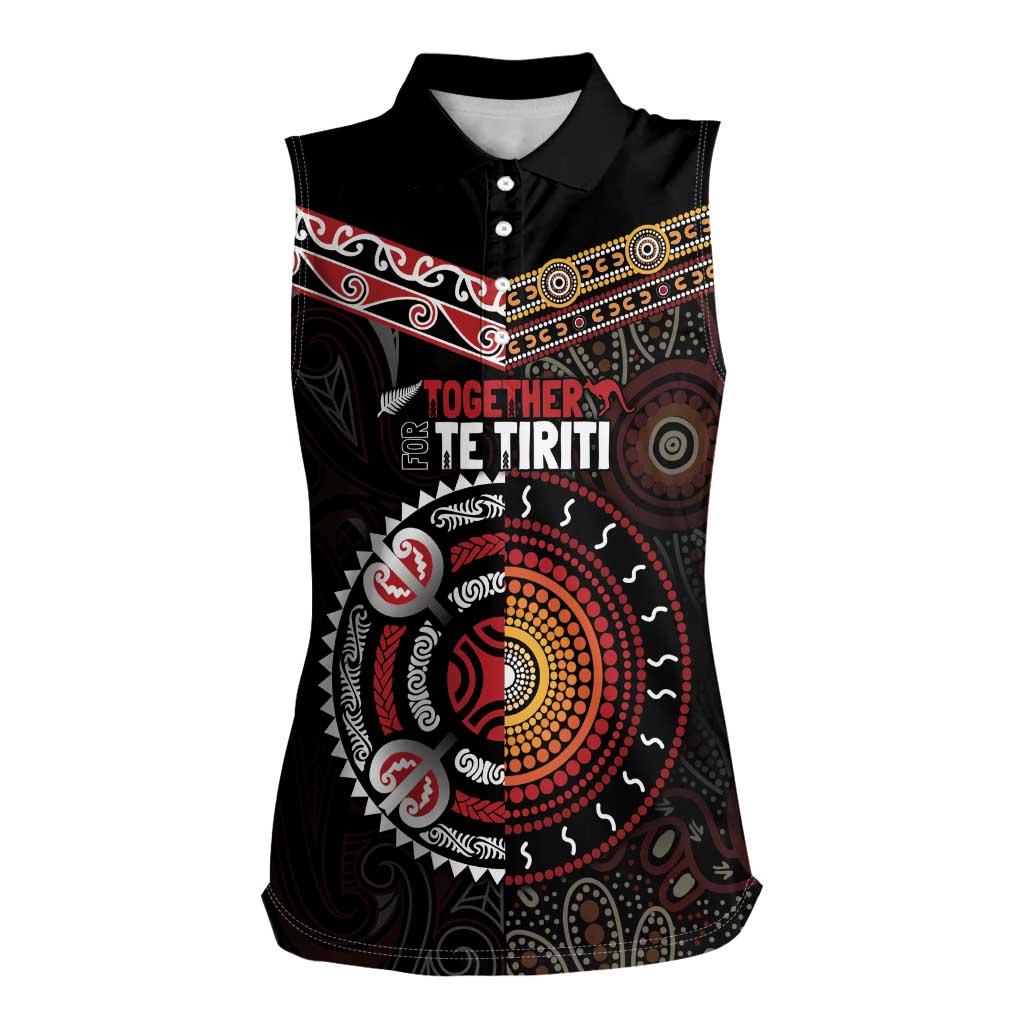 Aotearoa and Australia Indigenous Women Sleeveless Polo Shirt Stand Together For Te Tiriti LT7 Female Black - Polynesian Pride