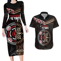 Aotearoa and Samoa Together For Te Tiriti Couples Matching Long Sleeve Bodycon Dress and Hawaiian Shirt Kowhaiwhai Mix Siapo LT7 Black - Polynesian Pride