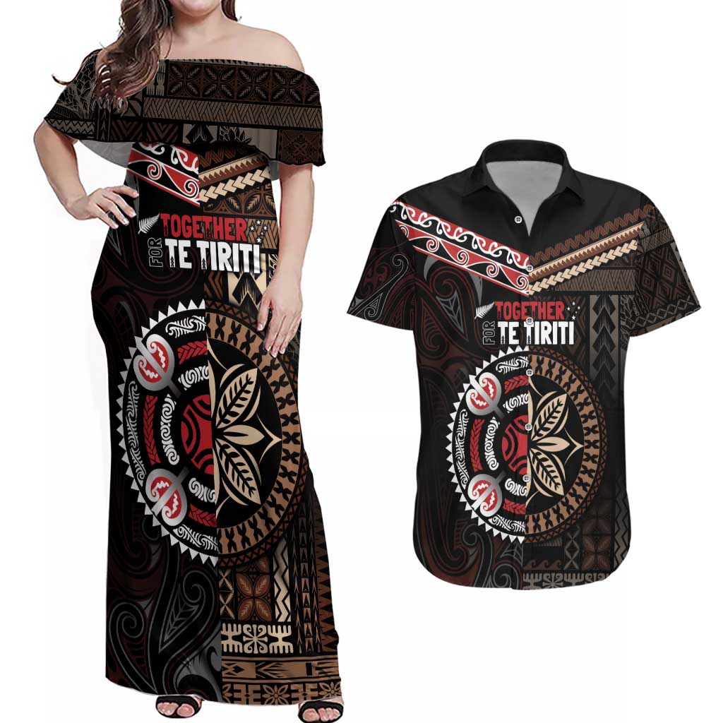 Aotearoa and Samoa Together For Te Tiriti Couples Matching Off Shoulder Maxi Dress and Hawaiian Shirt Kowhaiwhai Mix Siapo LT7 Black - Polynesian Pride