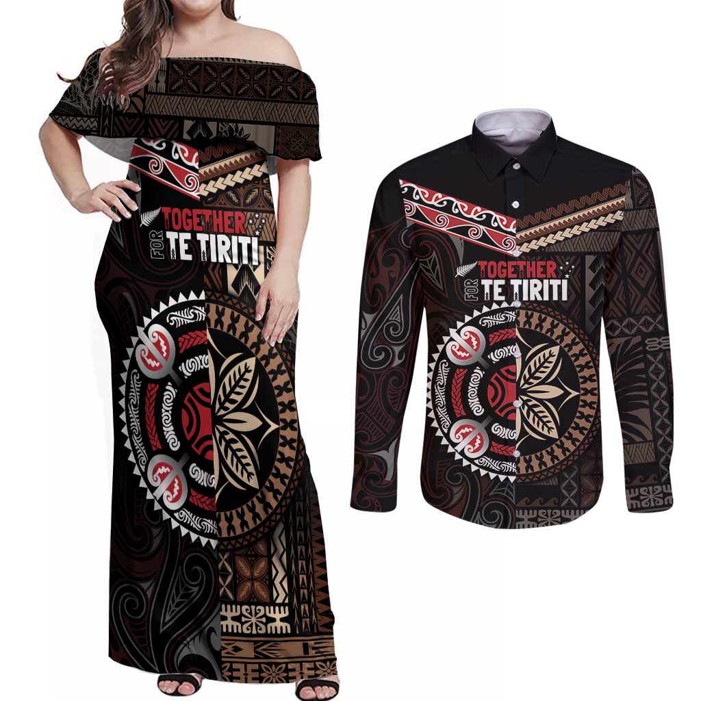 Aotearoa and Samoa Together For Te Tiriti Couples Matching Off Shoulder Maxi Dress and Long Sleeve Button Shirt Kowhaiwhai Mix Siapo LT7 Black - Polynesian Pride