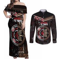 Aotearoa and Samoa Together For Te Tiriti Couples Matching Off Shoulder Maxi Dress and Long Sleeve Button Shirt Kowhaiwhai Mix Siapo LT7 Black - Polynesian Pride