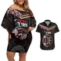 Aotearoa and Samoa Together For Te Tiriti Couples Matching Off Shoulder Short Dress and Hawaiian Shirt Kowhaiwhai Mix Siapo LT7 Black - Polynesian Pride
