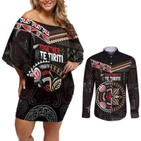 Aotearoa and Samoa Together For Te Tiriti Couples Matching Off Shoulder Short Dress and Long Sleeve Button Shirt Kowhaiwhai Mix Siapo LT7 Black - Polynesian Pride