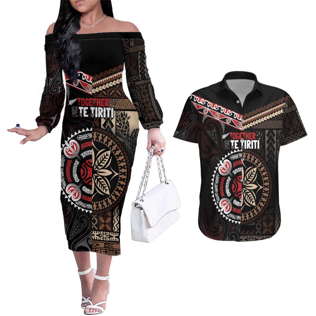 Aotearoa and Samoa Together For Te Tiriti Couples Matching Off The Shoulder Long Sleeve Dress and Hawaiian Shirt Kowhaiwhai Mix Siapo LT7 Black - Polynesian Pride
