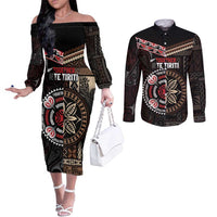 Aotearoa and Samoa Together For Te Tiriti Couples Matching Off The Shoulder Long Sleeve Dress and Long Sleeve Button Shirt Kowhaiwhai Mix Siapo LT7 Black - Polynesian Pride