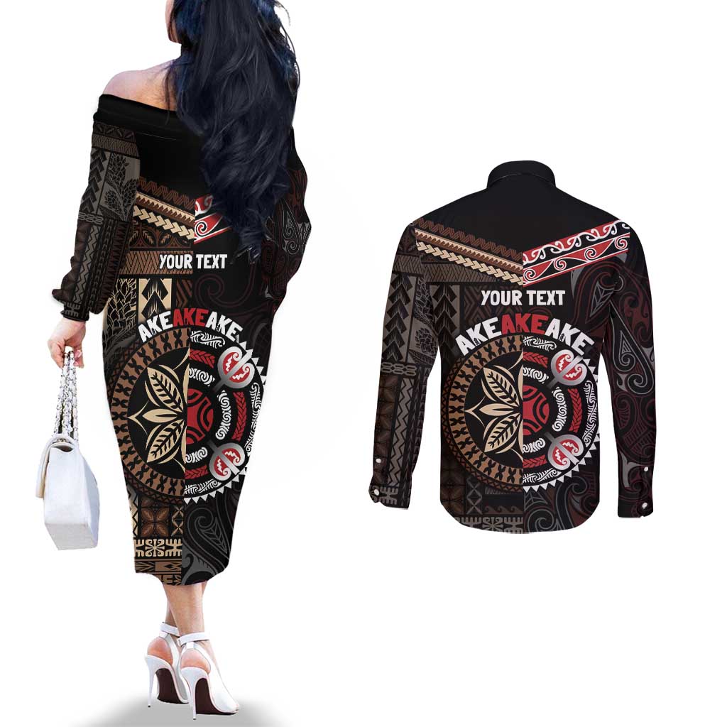 Aotearoa and Samoa Together For Te Tiriti Couples Matching Off The Shoulder Long Sleeve Dress and Long Sleeve Button Shirt Kowhaiwhai Mix Siapo LT7 - Polynesian Pride
