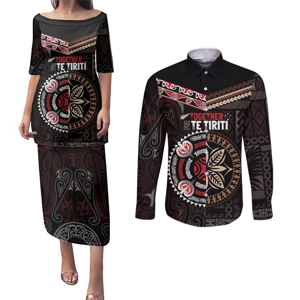 Aotearoa and Samoa Together For Te Tiriti Couples Matching Puletasi and Long Sleeve Button Shirt Kowhaiwhai Mix Siapo LT7 Black - Polynesian Pride