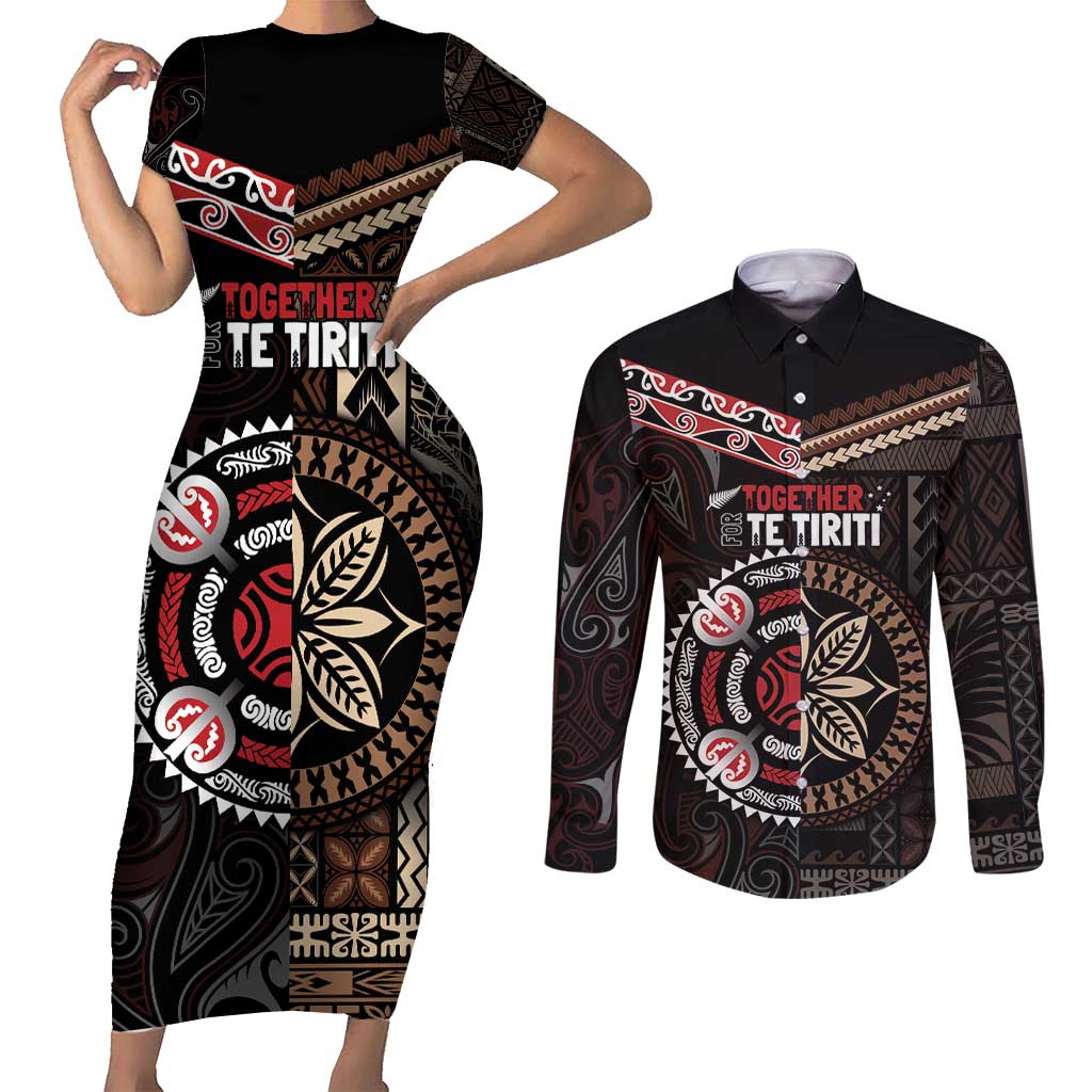 Aotearoa and Samoa Together For Te Tiriti Couples Matching Short Sleeve Bodycon Dress and Long Sleeve Button Shirt Kowhaiwhai Mix Siapo LT7 Black - Polynesian Pride