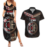 Aotearoa and Samoa Together For Te Tiriti Couples Matching Summer Maxi Dress and Hawaiian Shirt Kowhaiwhai Mix Siapo LT7 Black - Polynesian Pride