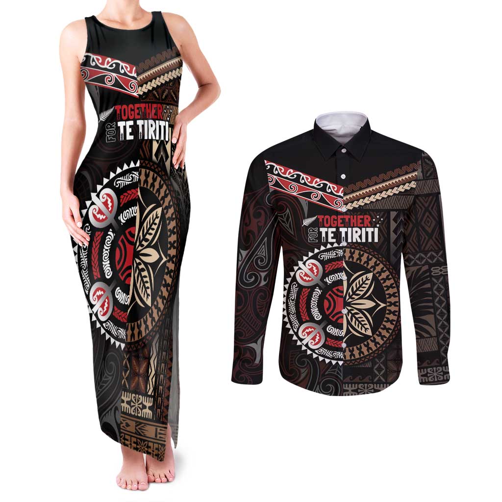 Aotearoa and Samoa Together For Te Tiriti Couples Matching Tank Maxi Dress and Long Sleeve Button Shirt Kowhaiwhai Mix Siapo LT7 Black - Polynesian Pride