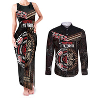 Aotearoa and Samoa Together For Te Tiriti Couples Matching Tank Maxi Dress and Long Sleeve Button Shirt Kowhaiwhai Mix Siapo LT7 Black - Polynesian Pride
