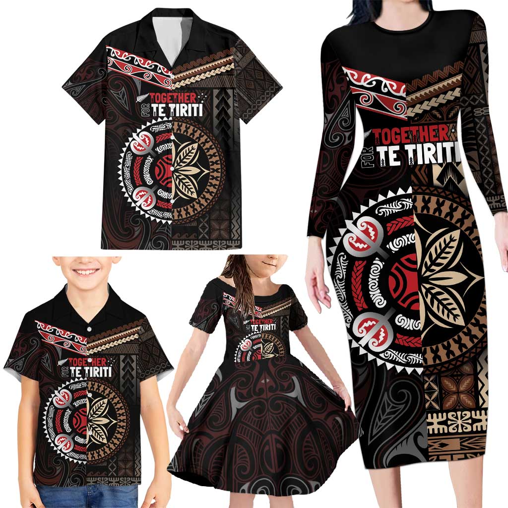 Aotearoa and Samoa Together For Te Tiriti Family Matching Long Sleeve Bodycon Dress and Hawaiian Shirt Kowhaiwhai Mix Siapo LT7 - Polynesian Pride