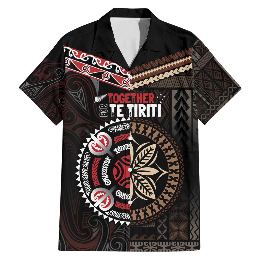 Aotearoa and Samoa Together For Te Tiriti Family Matching Mermaid Dress and Hawaiian Shirt Kowhaiwhai Mix Siapo LT7 Dad's Shirt - Short Sleeve Black - Polynesian Pride