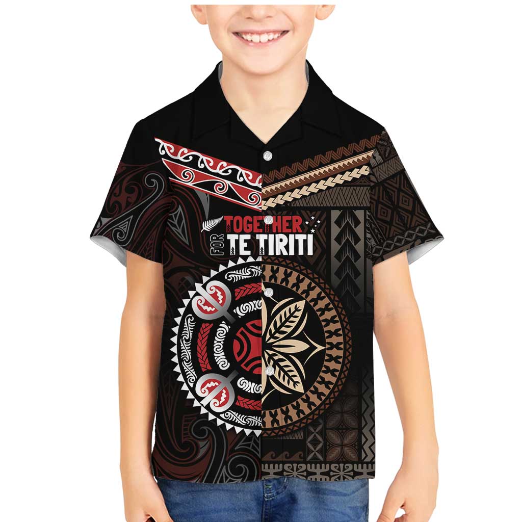Aotearoa and Samoa Together For Te Tiriti Family Matching Mermaid Dress and Hawaiian Shirt Kowhaiwhai Mix Siapo LT7 Son's Shirt Black - Polynesian Pride