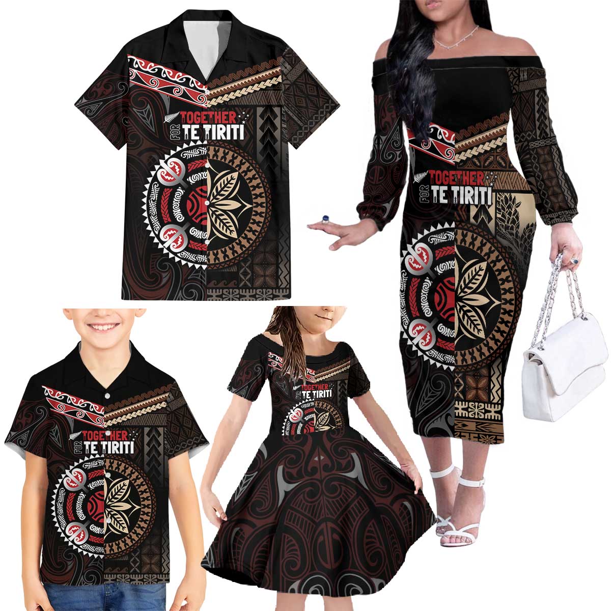Aotearoa and Samoa Together For Te Tiriti Family Matching Off The Shoulder Long Sleeve Dress and Hawaiian Shirt Kowhaiwhai Mix Siapo LT7 - Polynesian Pride