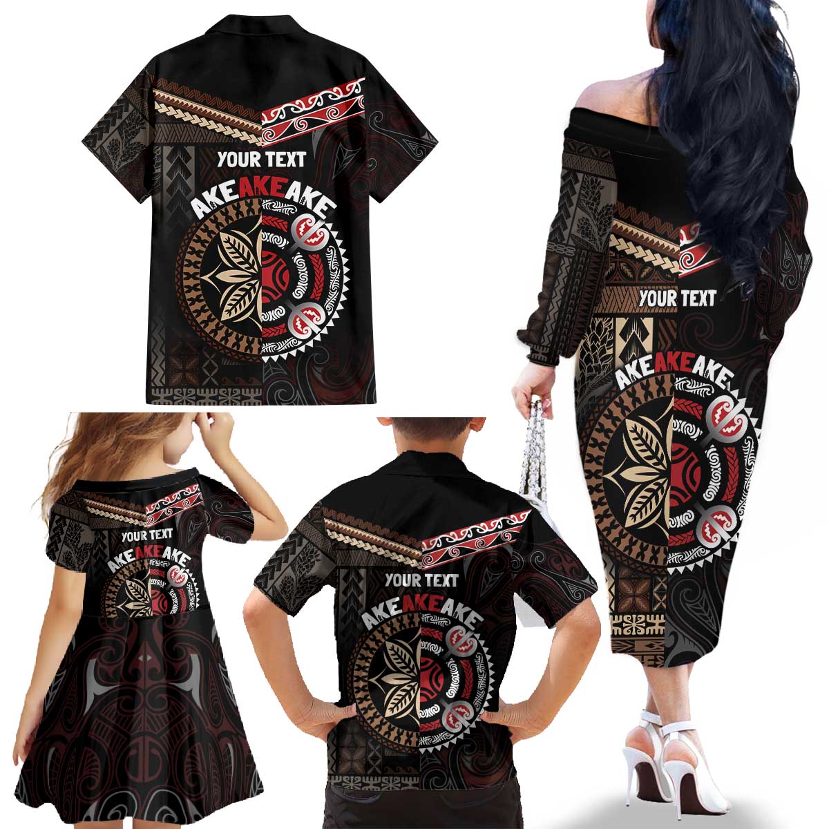 Aotearoa and Samoa Together For Te Tiriti Family Matching Off The Shoulder Long Sleeve Dress and Hawaiian Shirt Kowhaiwhai Mix Siapo LT7 - Polynesian Pride