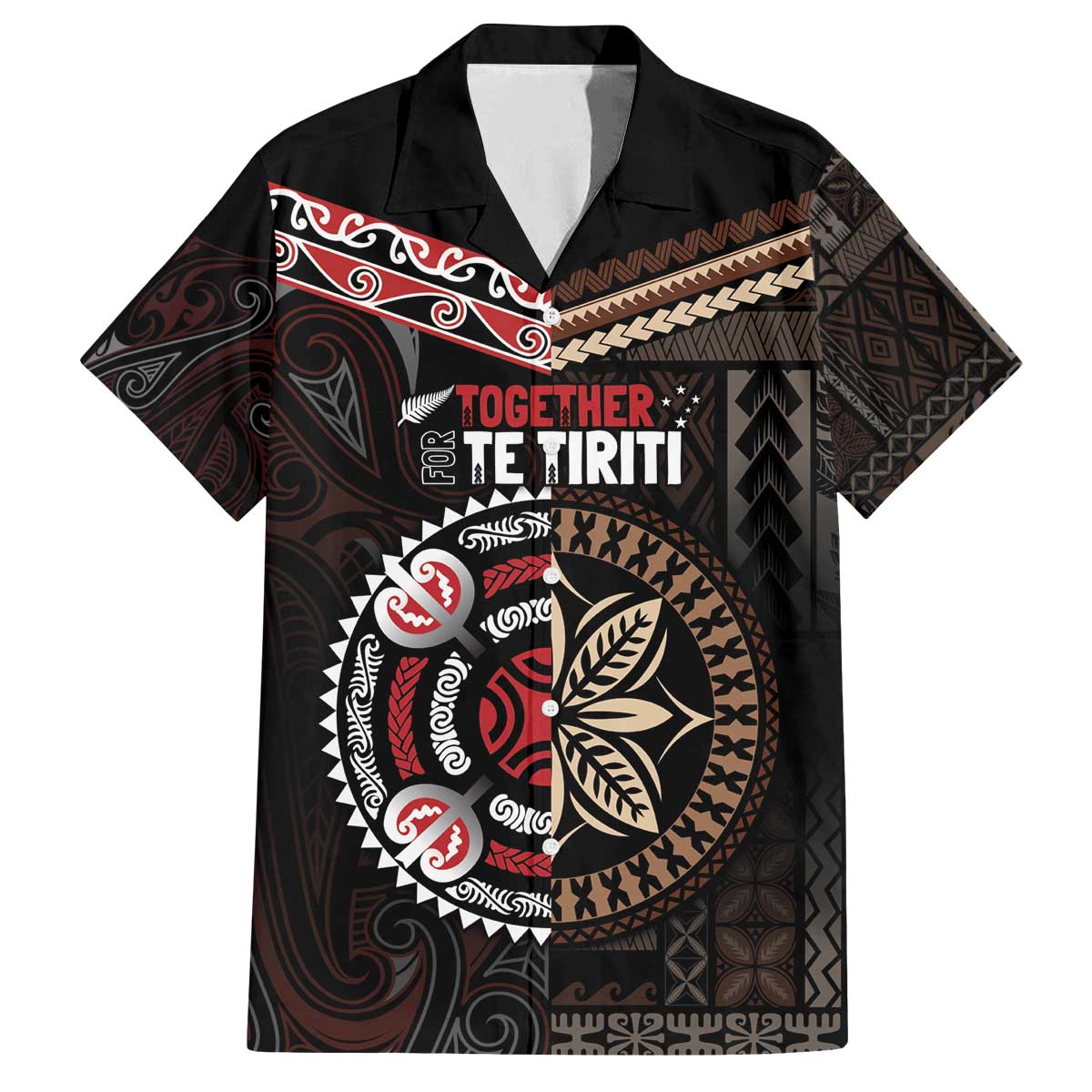 Aotearoa and Samoa Together For Te Tiriti Family Matching Off The Shoulder Long Sleeve Dress and Hawaiian Shirt Kowhaiwhai Mix Siapo LT7 Dad's Shirt - Short Sleeve Black - Polynesian Pride