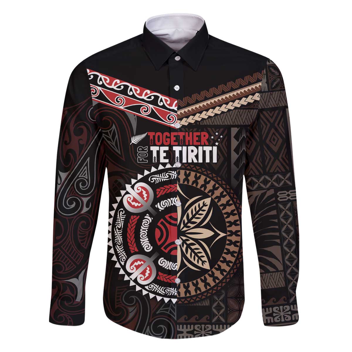 Aotearoa and Samoa Together For Te Tiriti Family Matching Off The Shoulder Long Sleeve Dress and Hawaiian Shirt Kowhaiwhai Mix Siapo LT7 Dad's Shirt - Long Sleeve Black - Polynesian Pride