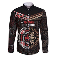 Aotearoa and Samoa Together For Te Tiriti Family Matching Off The Shoulder Long Sleeve Dress and Hawaiian Shirt Kowhaiwhai Mix Siapo LT7 Dad's Shirt - Long Sleeve Black - Polynesian Pride