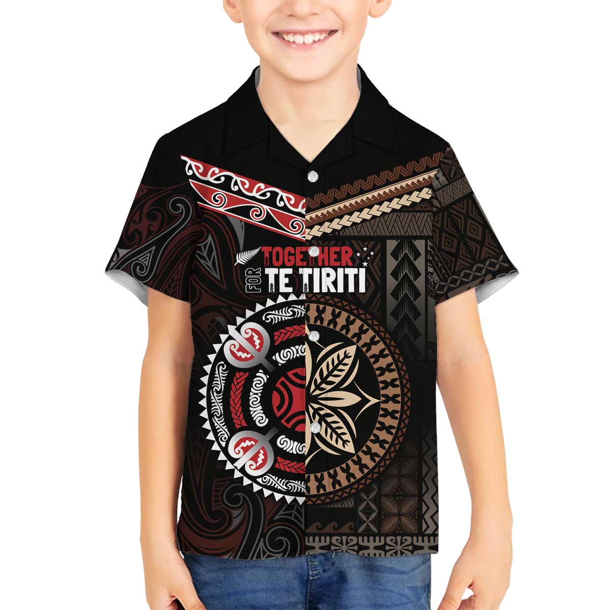 Aotearoa and Samoa Together For Te Tiriti Family Matching Off The Shoulder Long Sleeve Dress and Hawaiian Shirt Kowhaiwhai Mix Siapo LT7 Son's Shirt Black - Polynesian Pride