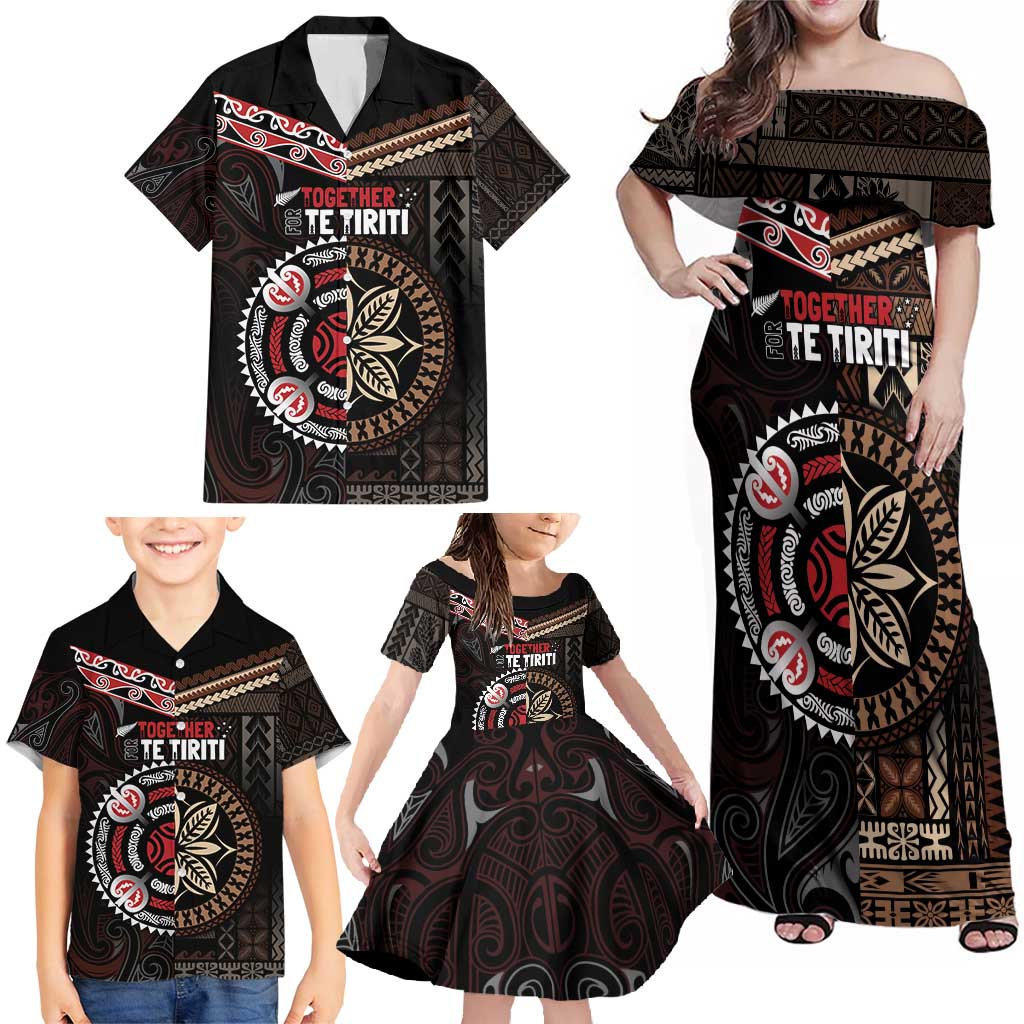 Aotearoa and Samoa Together For Te Tiriti Family Matching Off Shoulder Maxi Dress and Hawaiian Shirt Kowhaiwhai Mix Siapo LT7 - Polynesian Pride