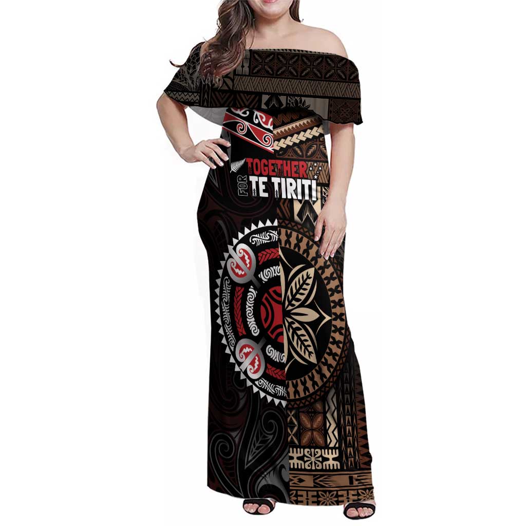 Aotearoa and Samoa Together For Te Tiriti Family Matching Off Shoulder Maxi Dress and Hawaiian Shirt Kowhaiwhai Mix Siapo LT7 Mom's Dress Black - Polynesian Pride