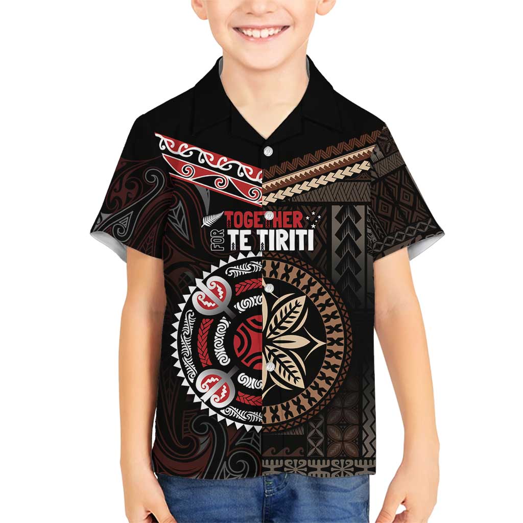 Aotearoa and Samoa Together For Te Tiriti Family Matching Off Shoulder Maxi Dress and Hawaiian Shirt Kowhaiwhai Mix Siapo LT7 Son's Shirt Black - Polynesian Pride