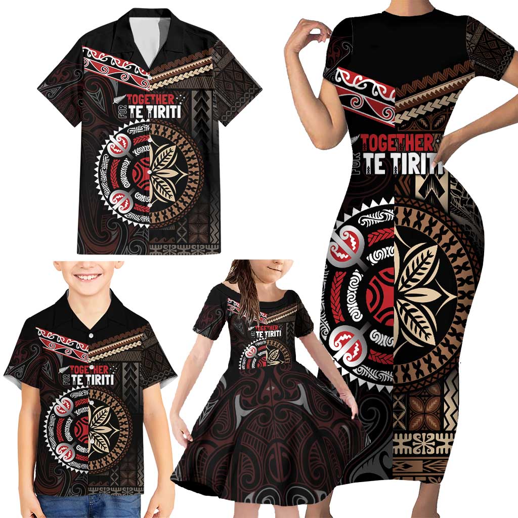 Aotearoa and Samoa Together For Te Tiriti Family Matching Short Sleeve Bodycon Dress and Hawaiian Shirt Kowhaiwhai Mix Siapo LT7 - Polynesian Pride