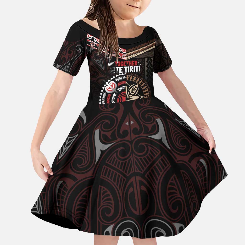 Aotearoa and Samoa Together For Te Tiriti Family Matching Summer Maxi Dress and Hawaiian Shirt Kowhaiwhai Mix Siapo LT7 Daughter's Dress Black - Polynesian Pride