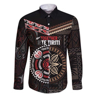 Aotearoa and Samoa Together For Te Tiriti Family Matching Summer Maxi Dress and Hawaiian Shirt Kowhaiwhai Mix Siapo LT7 Dad's Shirt - Long Sleeve Black - Polynesian Pride