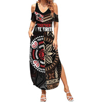 Aotearoa and Samoa Together For Te Tiriti Family Matching Summer Maxi Dress and Hawaiian Shirt Kowhaiwhai Mix Siapo LT7 Mom's Dress Black - Polynesian Pride