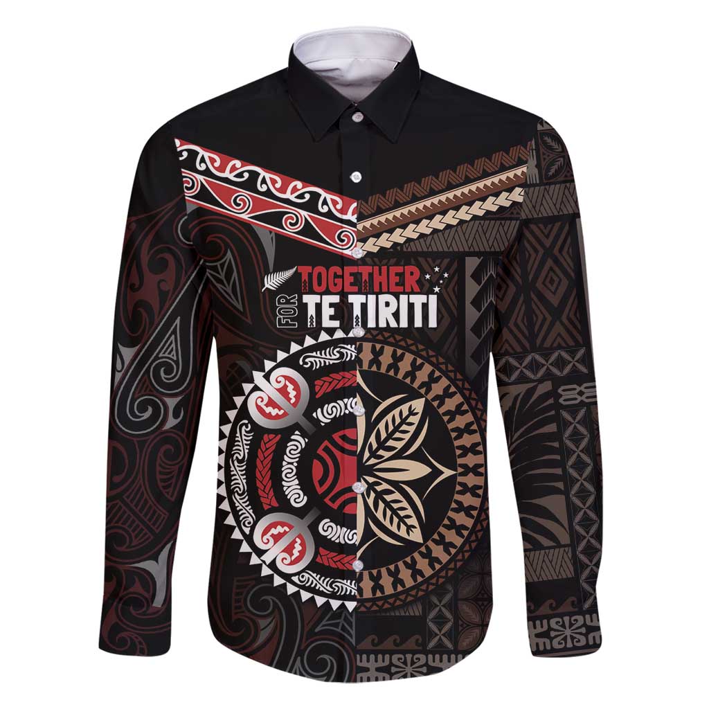 Aotearoa and Samoa Together For Te Tiriti Family Matching Tank Maxi Dress and Hawaiian Shirt Kowhaiwhai Mix Siapo LT7 Dad's Shirt - Long Sleeve Black - Polynesian Pride
