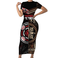 Aotearoa and Samoa Together For Te Tiriti Short Sleeve Bodycon Dress Kowhaiwhai Mix Siapo LT7 Long Dress Black - Polynesian Pride