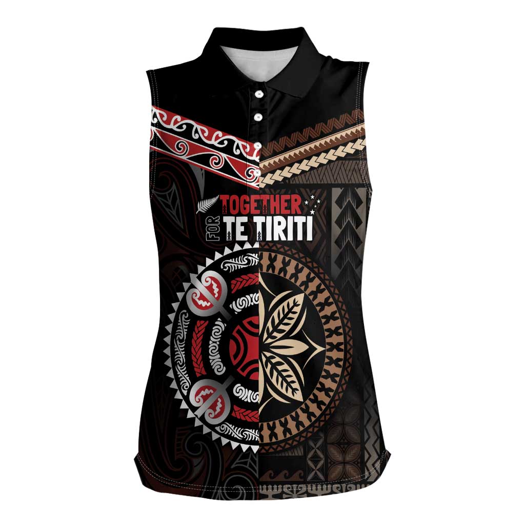 Aotearoa and Samoa Together For Te Tiriti Women Sleeveless Polo Shirt Kowhaiwhai Mix Siapo LT7 Female Black - Polynesian Pride