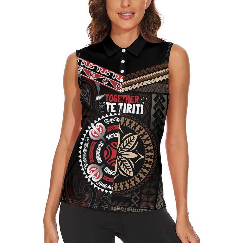 Aotearoa and Samoa Together For Te Tiriti Women Sleeveless Polo Shirt Kowhaiwhai Mix Siapo LT7 - Polynesian Pride