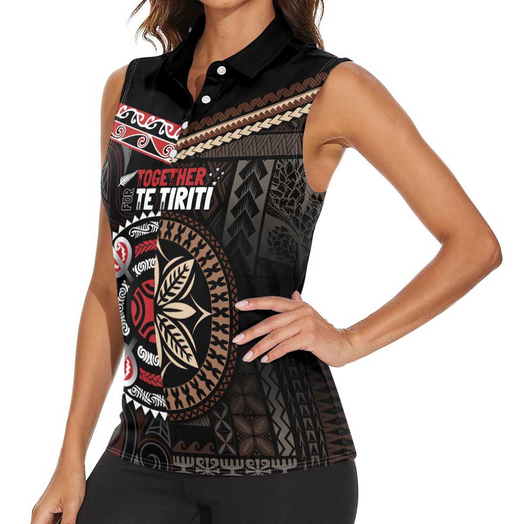 Aotearoa and Samoa Together For Te Tiriti Women Sleeveless Polo Shirt Kowhaiwhai Mix Siapo LT7 - Polynesian Pride
