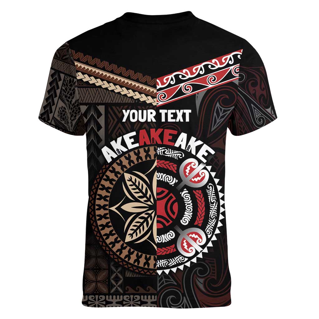 Aotearoa and Samoa Together For Te Tiriti Women V-Neck T-Shirt Kowhaiwhai Mix Siapo LT7 - Polynesian Pride