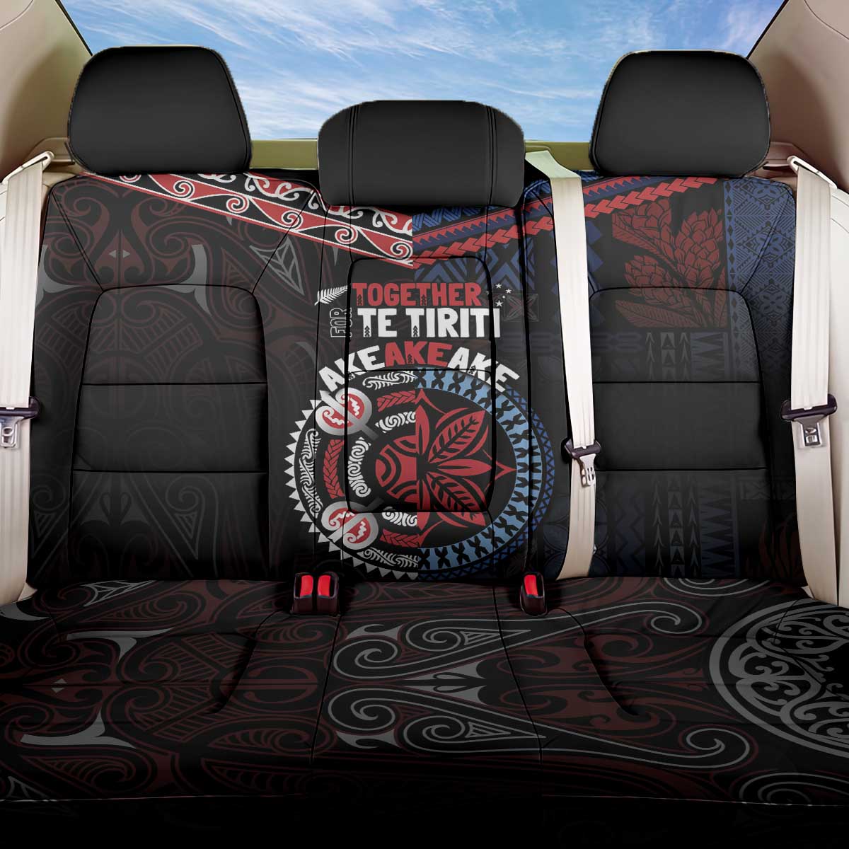 Aotearoa and Samoa Together For Te Tiriti Back Car Seat Cover Kowhaiwhai Mix Siapo - Flag Color LT7 One Size Black - Polynesian Pride