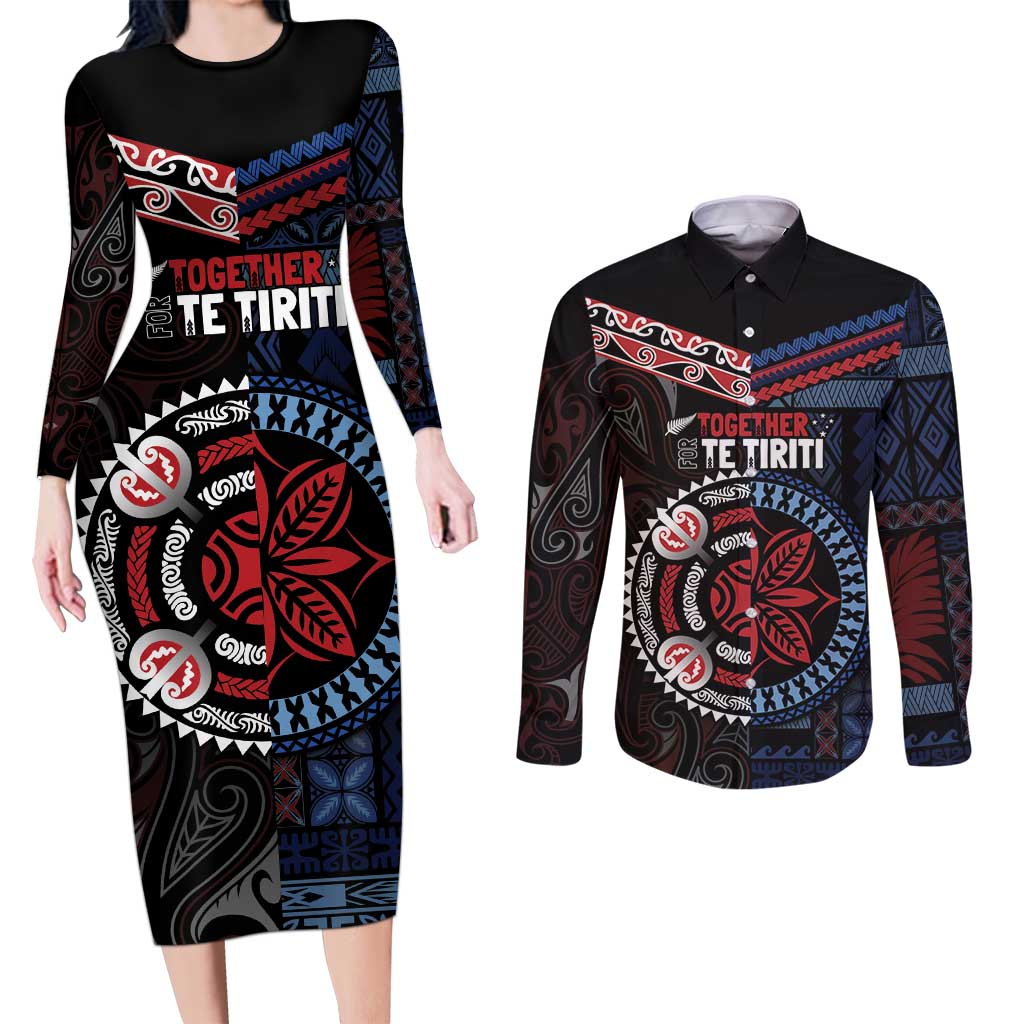 Aotearoa and Samoa Together For Te Tiriti Couples Matching Long Sleeve Bodycon Dress and Long Sleeve Button Shirt Kowhaiwhai Mix Siapo - Flag Color LT7 Black - Polynesian Pride