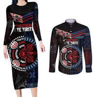 Aotearoa and Samoa Together For Te Tiriti Couples Matching Long Sleeve Bodycon Dress and Long Sleeve Button Shirt Kowhaiwhai Mix Siapo - Flag Color LT7 Black - Polynesian Pride